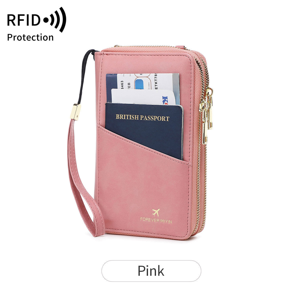 Pink Rfid Passport Wallet Travel Organizer With Double Zipper And Crossbody Strap Wallets