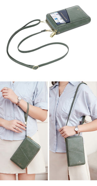 Pink Rfid Passport Wallet Travel Organizer With Double Zipper And Crossbody Strap Wallets