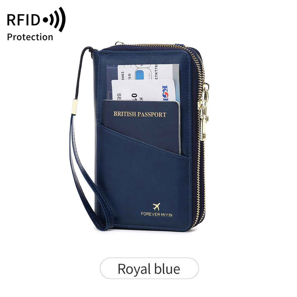 Dark Blue Rfid Blocking Passport Wallet Multi Function Travel Organizer With Zipper Strap Wallets