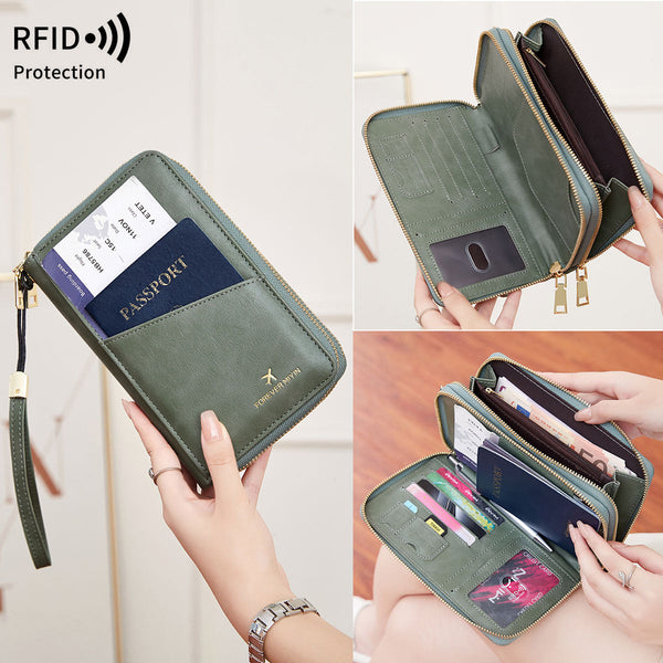 Dark Blue Rfid Blocking Passport Wallet Multi Function Travel Organizer With Zipper Strap Wallets
