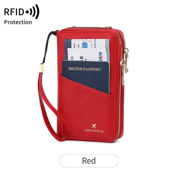 Red Rfid Blocking Passport Wallet Multi Function Travel Organizer With Double Zipper And Crossbody Strap Wallets