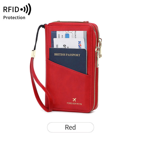 Red Rfid Blocking Passport Wallet Multi Function Travel Organizer With Double Zipper And Crossbody Strap Wallets