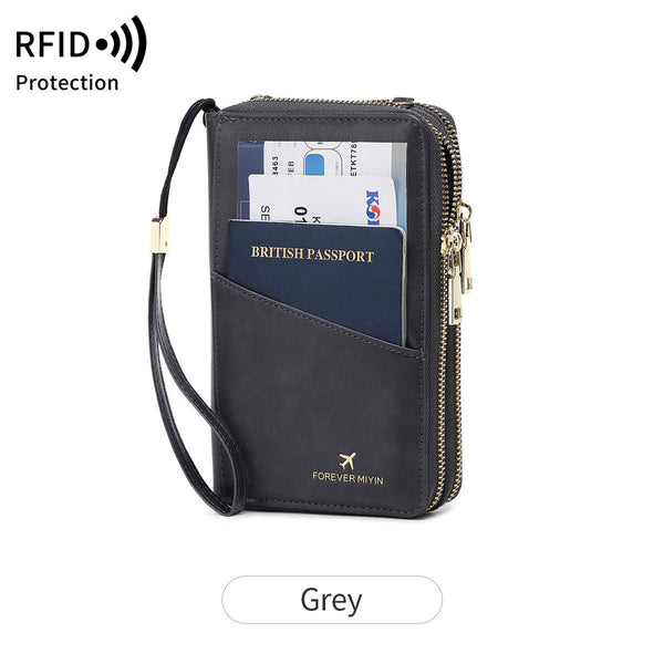 Dark Grey Rfid Blocking Passport Wallet Multi Function Travel Organizer With Zipper Strap Wallets