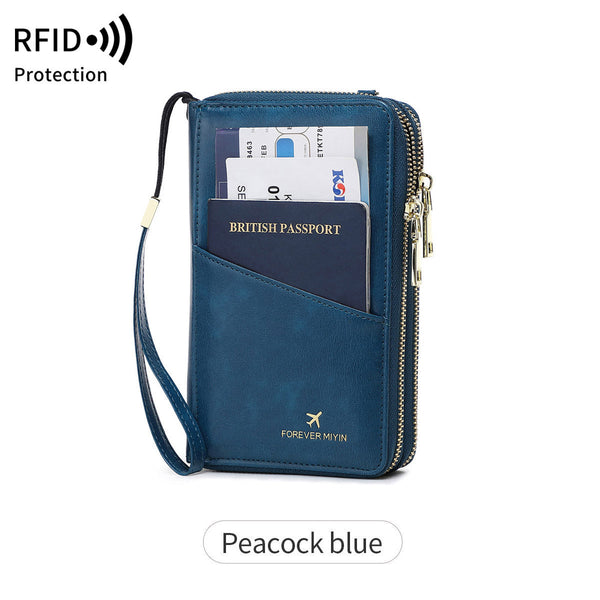Pea Blue Rfid Passport Wallet Travel Organizer With Double Zipper And Strap Wallets