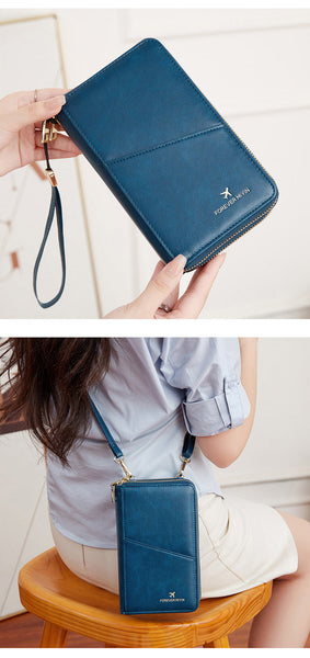 Pea Blue Rfid Passport Wallet Travel Organizer With Double Zipper And Strap Wallets