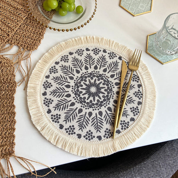 4 Pcs Beige Grey Boho Chic Woven Cotton With Tassels Nordic Bohemian Style Placemats