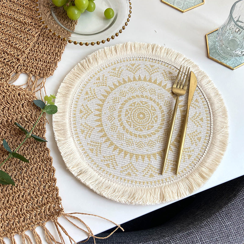 4 Pcs Beige Yellow Boho Chic Woven Cotton With Tassels Nordic Style Placemats