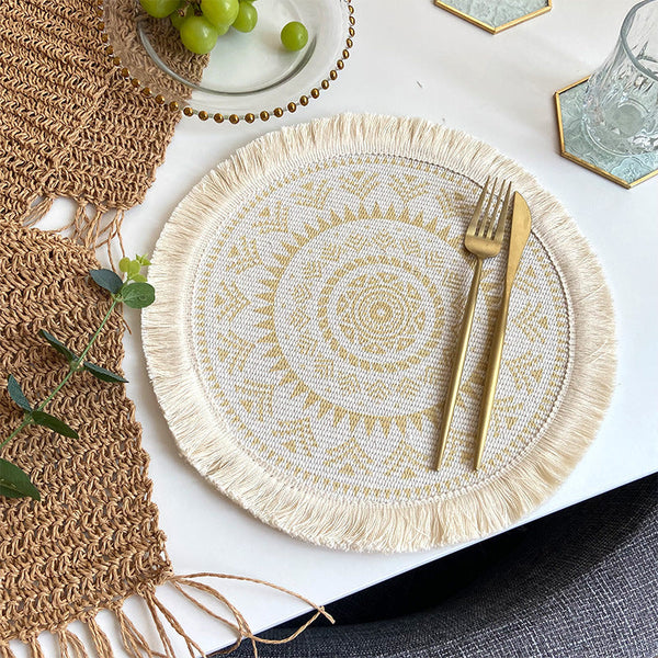 4 Pcs Beige Yellow Boho Chic Woven Cotton With Tassels Nordic Style Placemats