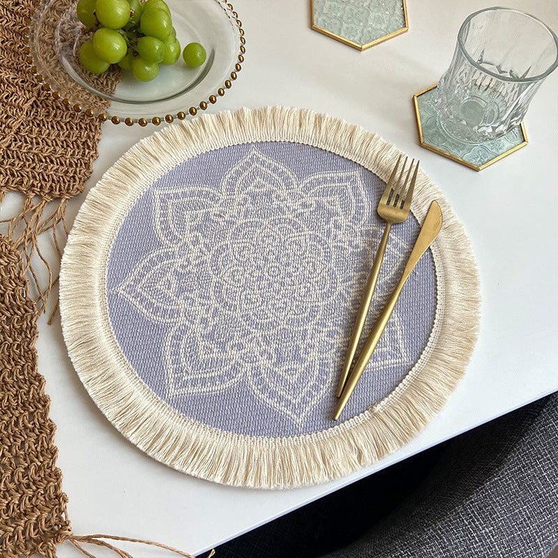 4 Pcs Beige Purple Boho Chic Woven Cotton With Tassels Nordic Style Placemats