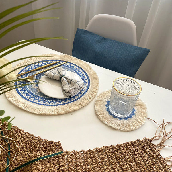 4 Pcs Beige Grey Boho Chic Woven Cotton With Tassels Nordic Style Placemats