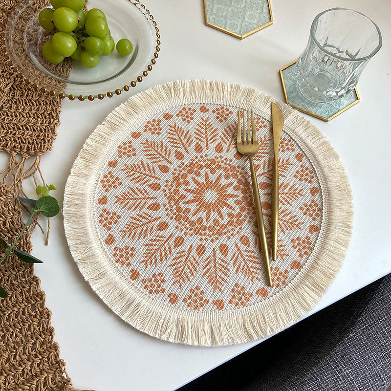 4 Pcs Beige Orange Boho Chic Woven Cotton With Tassels Nordic Style Placemats
