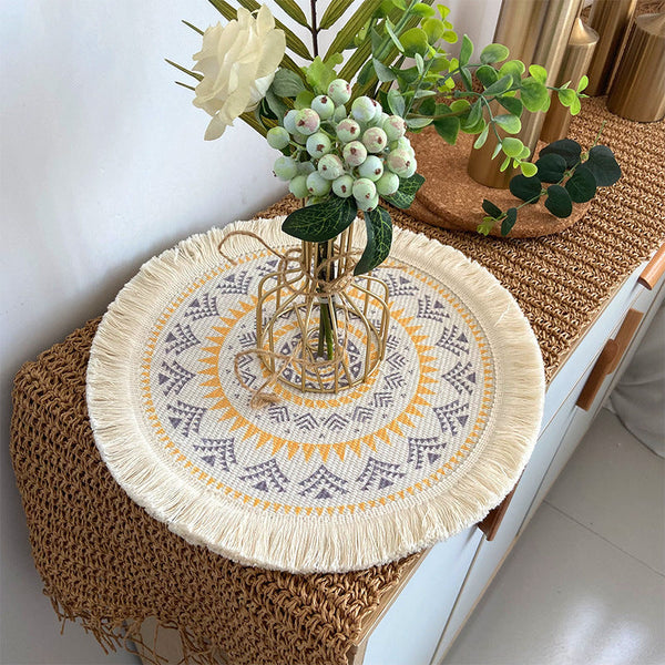 4 Pcs Beige Orange Boho Chic Woven Cotton With Tassels Nordic Style Placemats