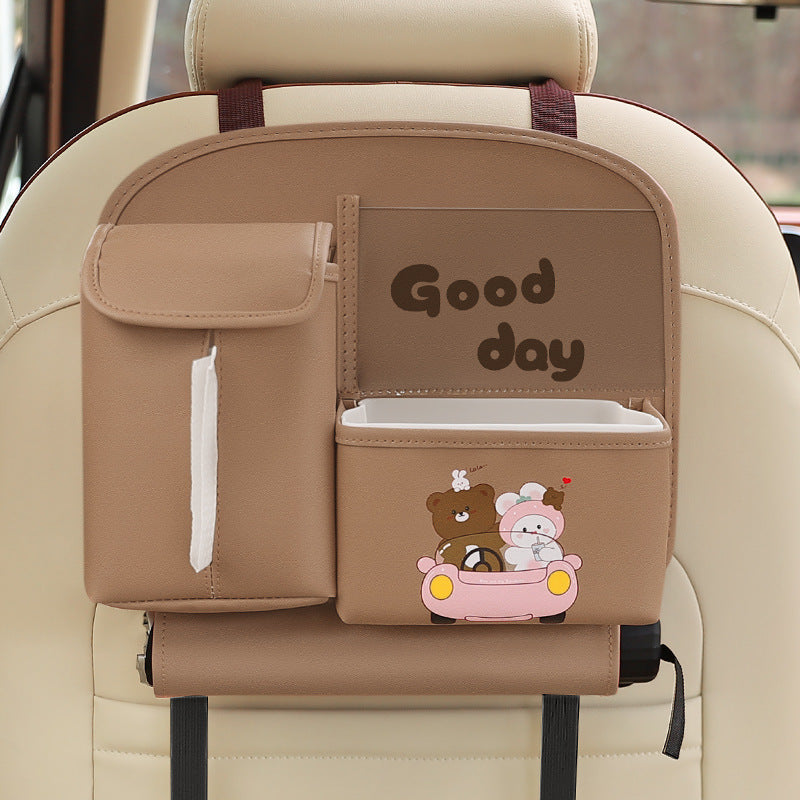 Brown Cute Cartoon Backseat Organizer With Multi Pocket Storage And Pp Trash Bin 400G Lightweight Pu Leather Car Organisers