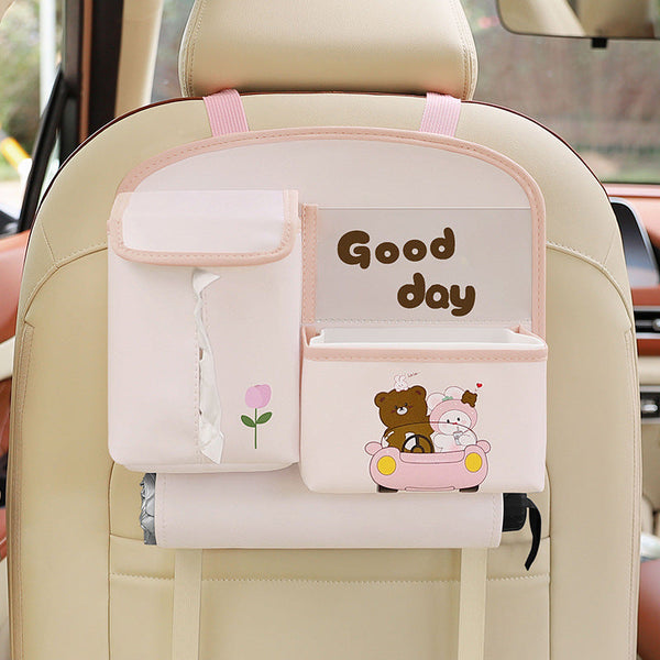 Pink Cute Cartoon Backseat Organizer With Multi Pocket Storage And Pp Trash Bin 400G Lightweight Pu Leather Car Organisers