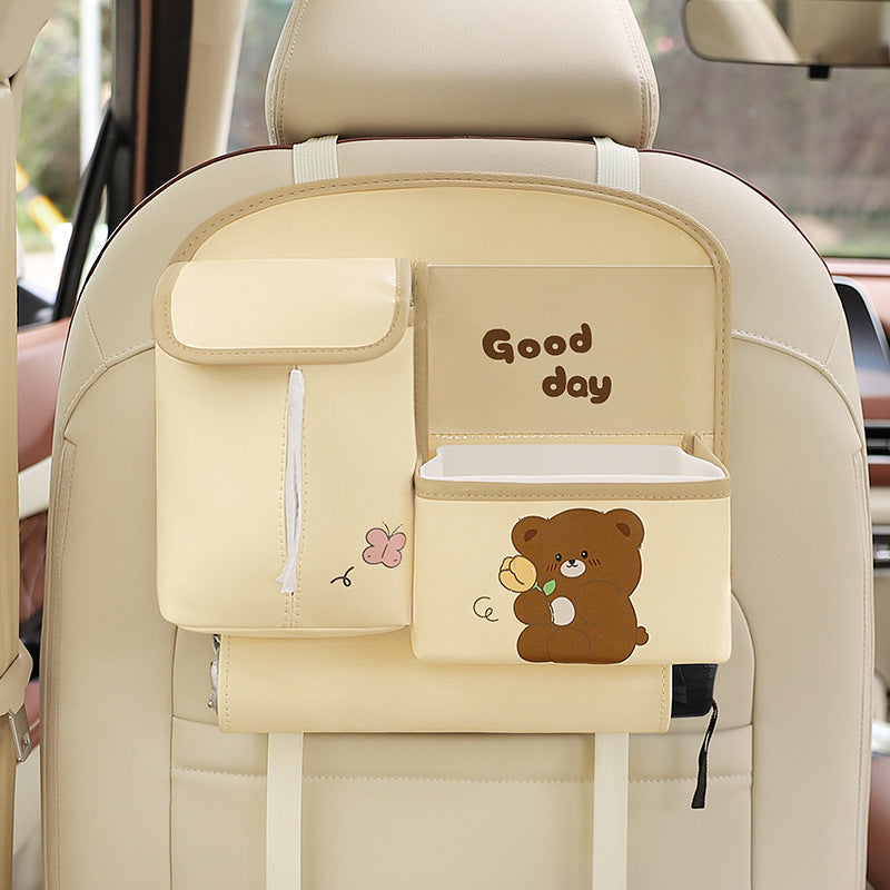 Beige Cute Cartoon Backseat Organizer With Multi Pocket Storage And Pp Trash Bin 400G Lightweight Pu Leather Car Organisers