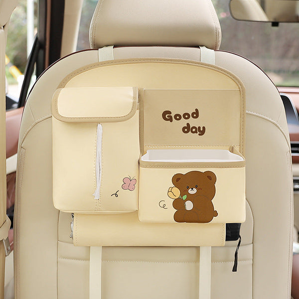 Beige Cute Cartoon Backseat Organizer With Multi Pocket Storage And Pp Trash Bin 400G Lightweight Pu Leather Car Organisers