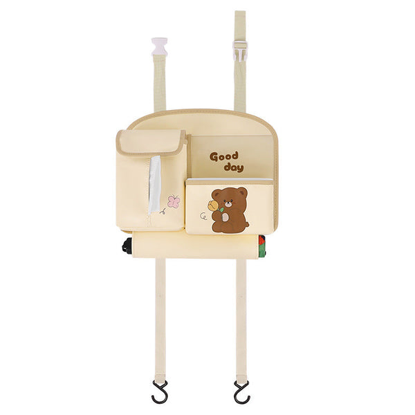 Beige Cute Cartoon Backseat Organizer With Multi Pocket Storage And Pp Trash Bin 400G Lightweight Pu Leather Car Organisers