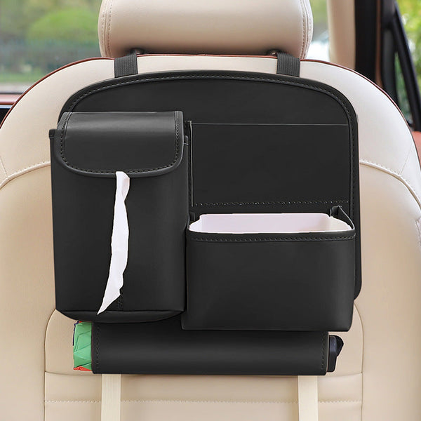 Black Car Backseat Organizer With Multi Pocket Storage And Pp Trash Bin 400G Lightweight Pu Leather Car Organisers