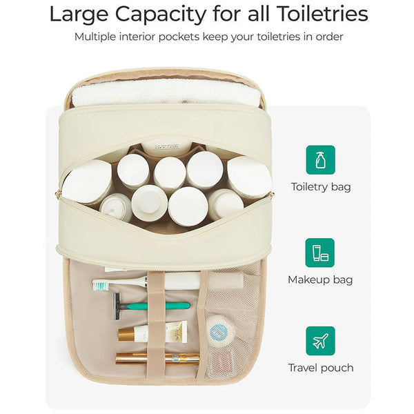 Beige Large Capacity Travel Toiletry Bag Wide Opening Nylon Makeup Organizer Waterproof Makeup Bags & Cases