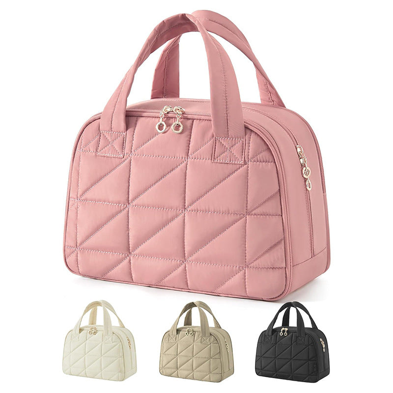 Pink Large Capacity Travel Toiletry Bag With Wide Opening Puffy Nylon Makeup Organizer Waterproof Pvc Layer Makeup Bags & Cases