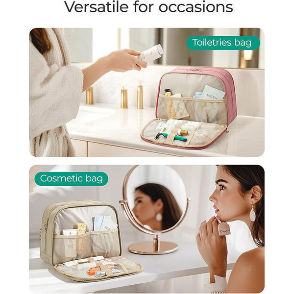 Khaki Large Travel Toiletry Bag Wide Opening Puffy Nylon Makeup Organizer Waterproof Makeup Bags & Cases