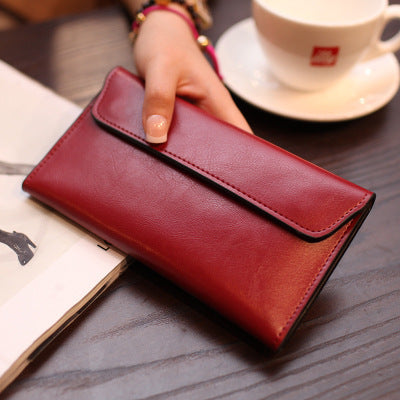 Claret Red Women's Genuine Leather Long Wallet Slim Business Clutch With Snap Closure Multi Card Holder Wallets