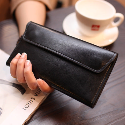 Black Women's Genuine Leather Long Wallet Slim Business Clutch With Snap Closure Multi Card Holder Wallets