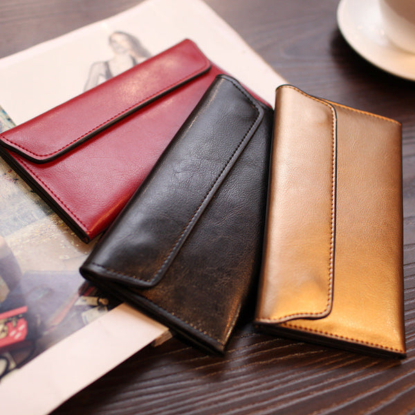 Gold Women's Genuine Leather Long Wallet Slim Business Clutch With Snap Closure Wallets