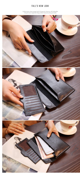 Brown Women's Genuine Leather Long Wallet Slim Business Clutch With Snap Closure Wallets