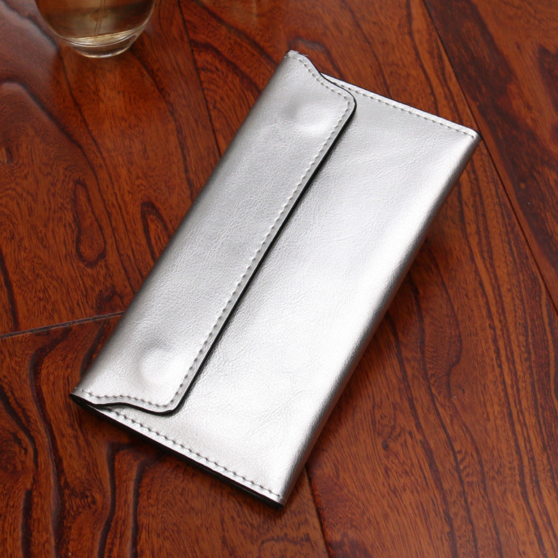 Silver Women's Genuine Leather Long Wallet Slim Business Clutch With Snap Closure Multi Card Holder Wallets