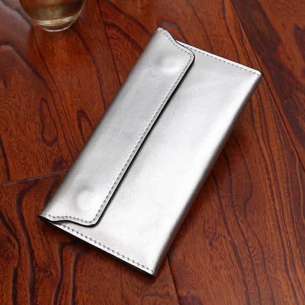 Silver Women's Genuine Leather Long Wallet Slim Business Clutch With Snap Closure Multi Card Holder Wallets