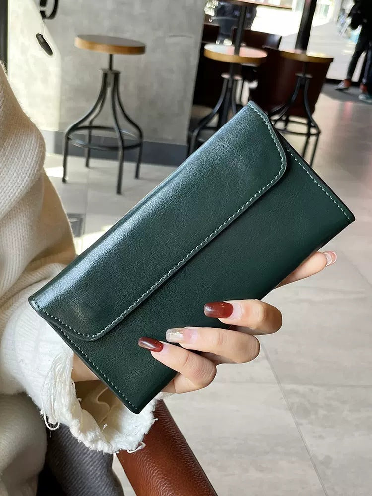 Dark Green Women's Genuine Leather Long Wallet Slim Business Clutch With Snap Closure Multi Card Holder Wallets