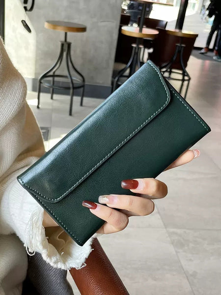 Dark Green Women's Genuine Leather Long Wallet Slim Business Clutch With Snap Closure Multi Card Holder Wallets