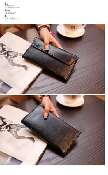 Dark Green Women's Genuine Leather Long Wallet Slim Business Clutch With Snap Closure Multi Card Holder Wallets