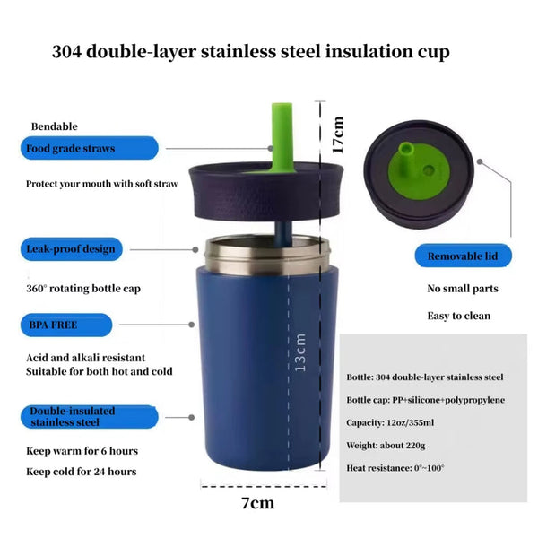 2 Pcs Green 12Oz Insulated Tumbler With Straw 304 Stainless Steel Bpa Free Leak Proof Water Bottles & Vacuum Flasks