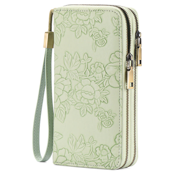 Green Floral Embossed Large Capacity Women's Wallet Double Zipper Pu Leather Clutch With Detachable Wrist Strap Wallets