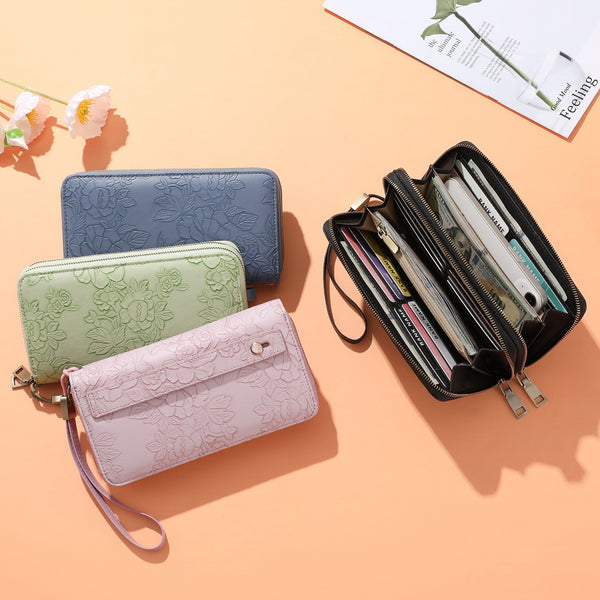Green Floral Embossed Large Capacity Women's Wallet Double Zipper Pu Leather Clutch With Detachable Wrist Strap Wallets