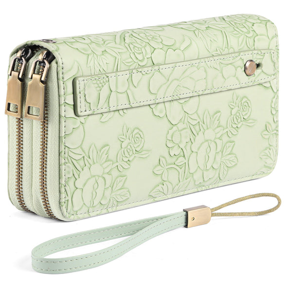 Green Floral Embossed Large Capacity Women's Wallet Double Zipper Pu Leather Clutch With Detachable Wrist Strap Wallets