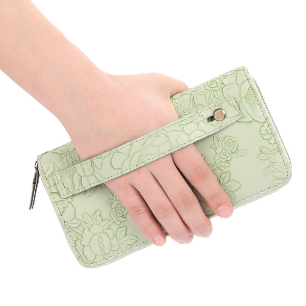 Green Floral Embossed Large Capacity Women's Wallet Double Zipper Pu Leather Clutch With Detachable Wrist Strap Wallets