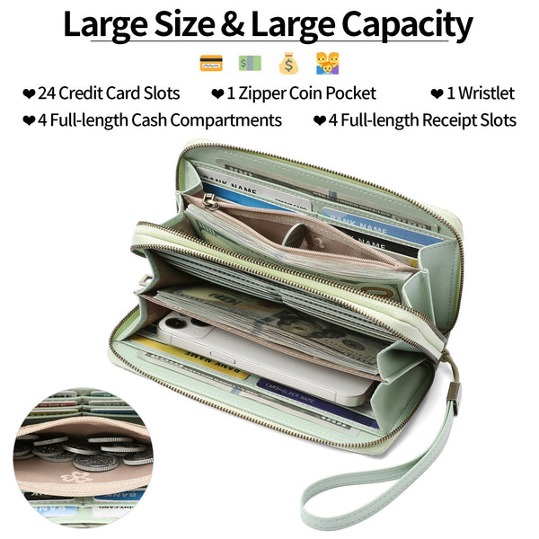 Green Floral Embossed Large Capacity Women's Wallet Double Zipper Pu Leather Clutch With Detachable Wrist Strap Wallets