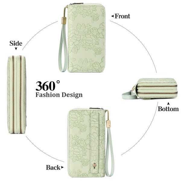 Green Floral Embossed Large Capacity Women's Wallet Double Zipper Pu Leather Clutch With Detachable Wrist Strap Wallets