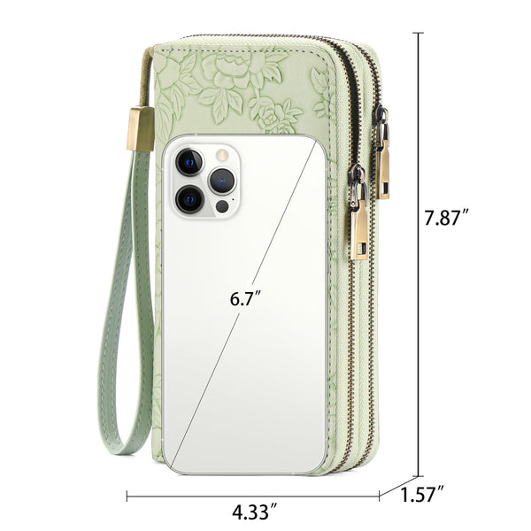 Green Floral Embossed Large Capacity Women's Wallet Double Zipper Pu Leather Clutch With Detachable Wrist Strap Wallets