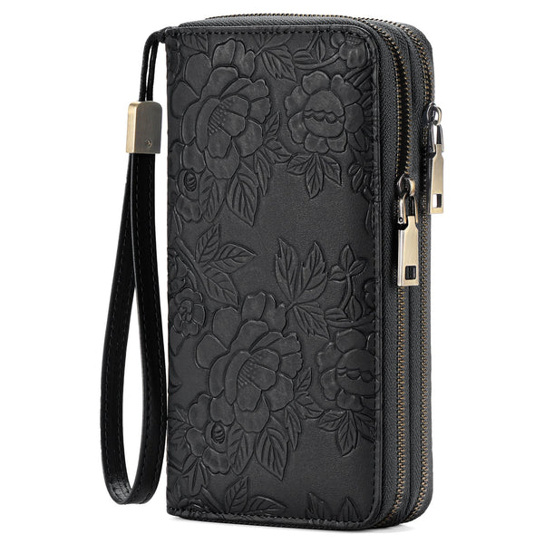 Green Floral Embossed Large Capacity Women's Wallet Double Zipper Pu Leather Clutch With Detachable Wrist Strap Wallets