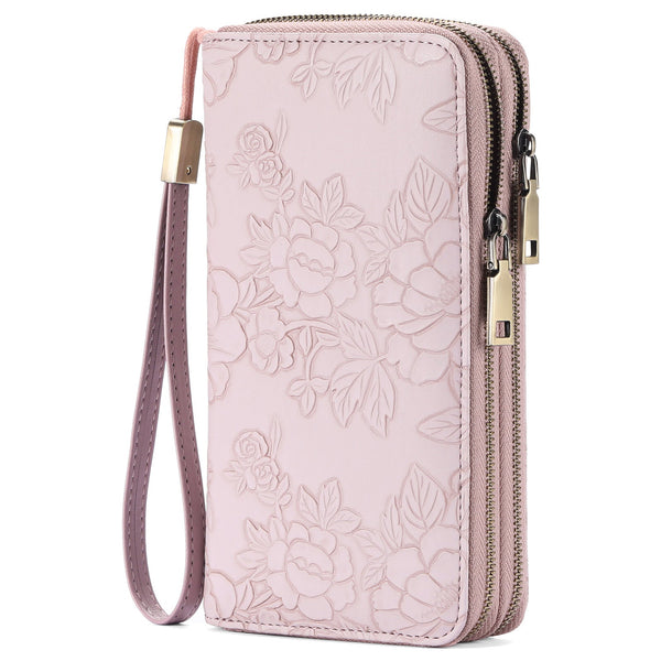 Green Floral Embossed Large Capacity Women's Wallet Double Zipper Pu Leather Clutch With Detachable Wrist Strap Wallets