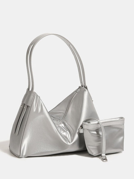 Luminous Silver Nylon Underarm Shoulder Bag Convertible Crossbody Hobo With Pouch Lightweight Modern Women's Bags & Handbags