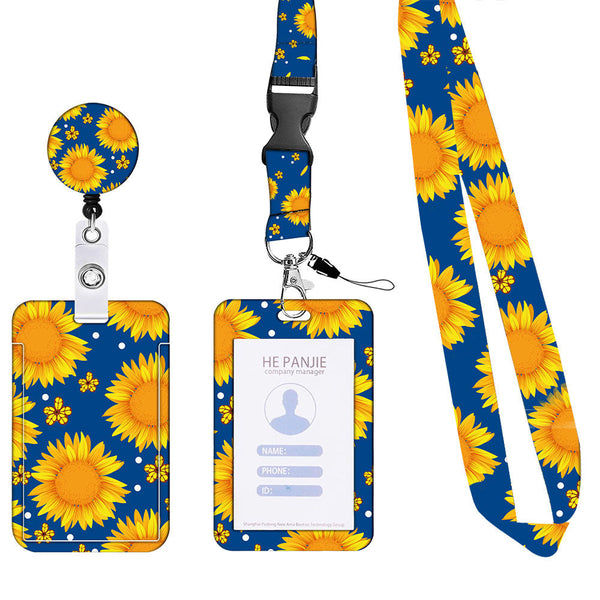 2 Pcs Yellow And Blue Sunflower Patterns Retractable Badge Reel & Id Card Holder Set With Lanyard Durable Abs Plastic Wallets