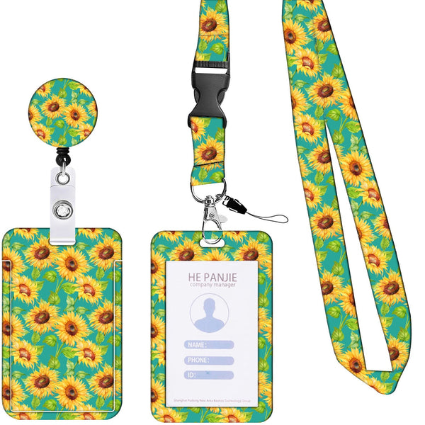2 Pcs Yellow And Green Sunflower Patterns Retractable Badge Reel & Id Card Holder Set With Lanyard Durable Abs Plastic Wallets