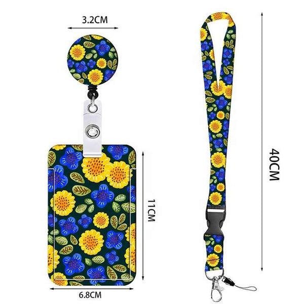 2 Pcs Yellow And Green Sunflower Patterns Retractable Badge Reel & Id Card Holder Set With Lanyard Durable Abs Plastic Wallets