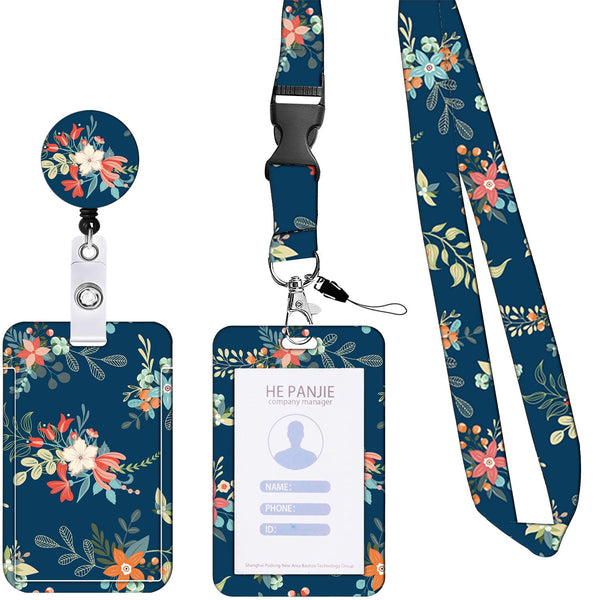 2 Pcs Blue Floral Pattern Retractable Badge Reel & Id Card Holder Set With Lanyard Durable Abs Plastic Wallets