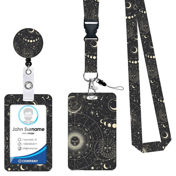 2 Pcs Black Star And Moon Pattern Retractable Badge Reel & Id Card Holder Set With Lanyard Durable Abs Plastic Wallets